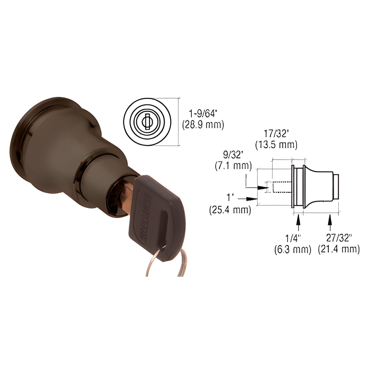 Dark bronze anodized aluminum cabinet glass door lock LK50DUKA with key; knob-style lock for 1/4" (6mm) sliding doors