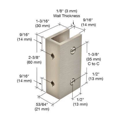 Brushed nickel solid brass no-drill fixed panel clamp with clear gasket and two mounting screws - SKU NDC12BN
