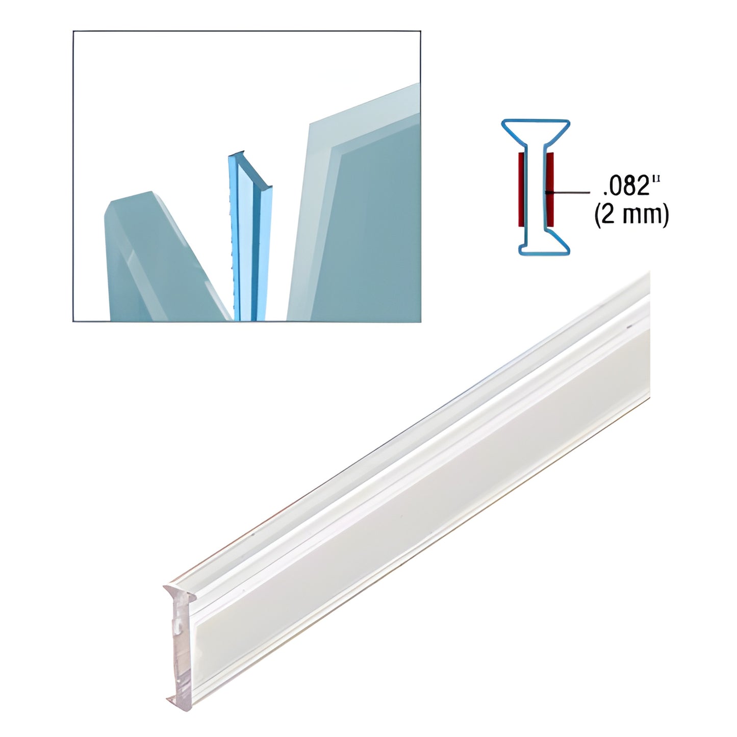 EZCL108 clear copolymer glass joint strip, slim adhesive-backed profile for frameless partitions, 120 in.