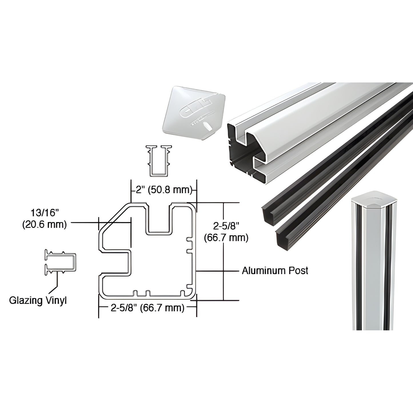 S48CRKW: Sky-white aluminum 48" 90 corner glass post kit, rectangular profile, fits 1/4-3/8" (dry) or 1/2" (wet) glass.