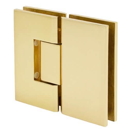 Unlacquered Brass Vienna 180 Series Glass-to-Glass Hinge by CRL for sleek installations