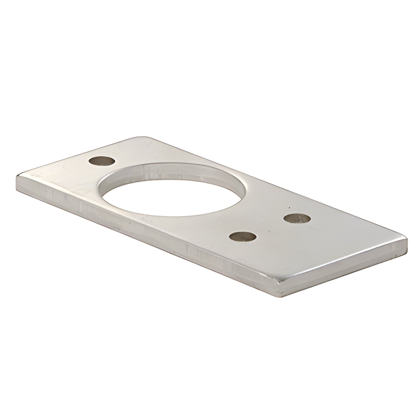 Aluminum 5mm rectangular shim (SKU 1NT402S5) with large center hole and two mounting holes for CRL floor pivot.