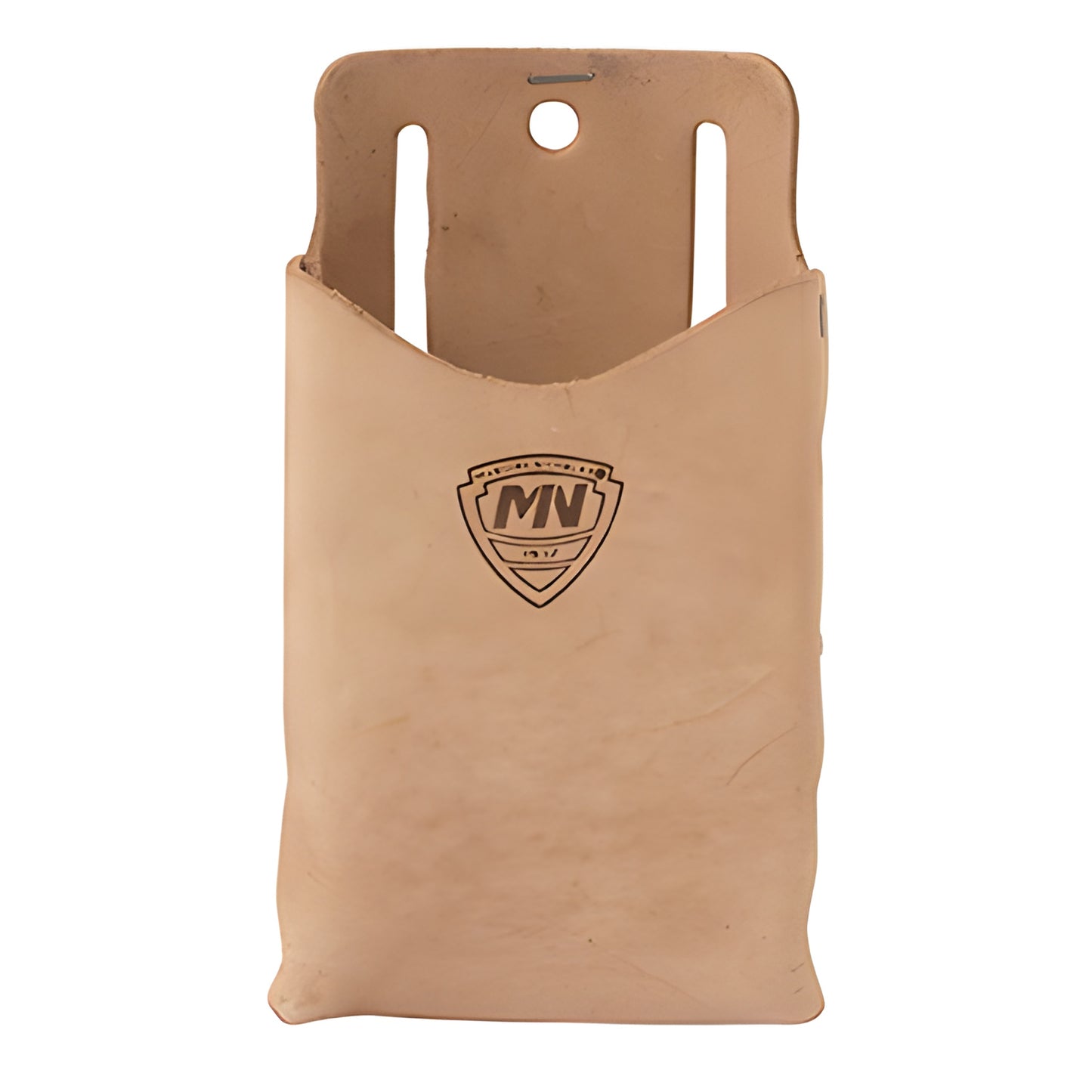 MN407 tan top-grain leather single-pocket tool holder pouch with belt slots, rivet-reinforced, 3.5"x4.5"