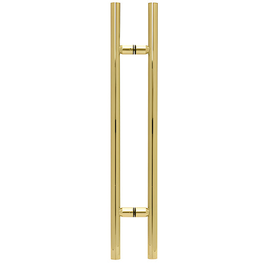 Polished brass 36" ladder-style tubular shower pull, 1-1/4" diameter, back-to-back mount for 8-12mm glass (SKU LP36BR)