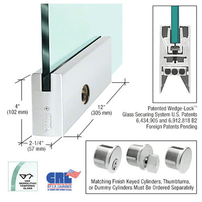 Satin Anodized 4" Square DRS Door Rail With Lock for 5/8" Glass - 12" Length