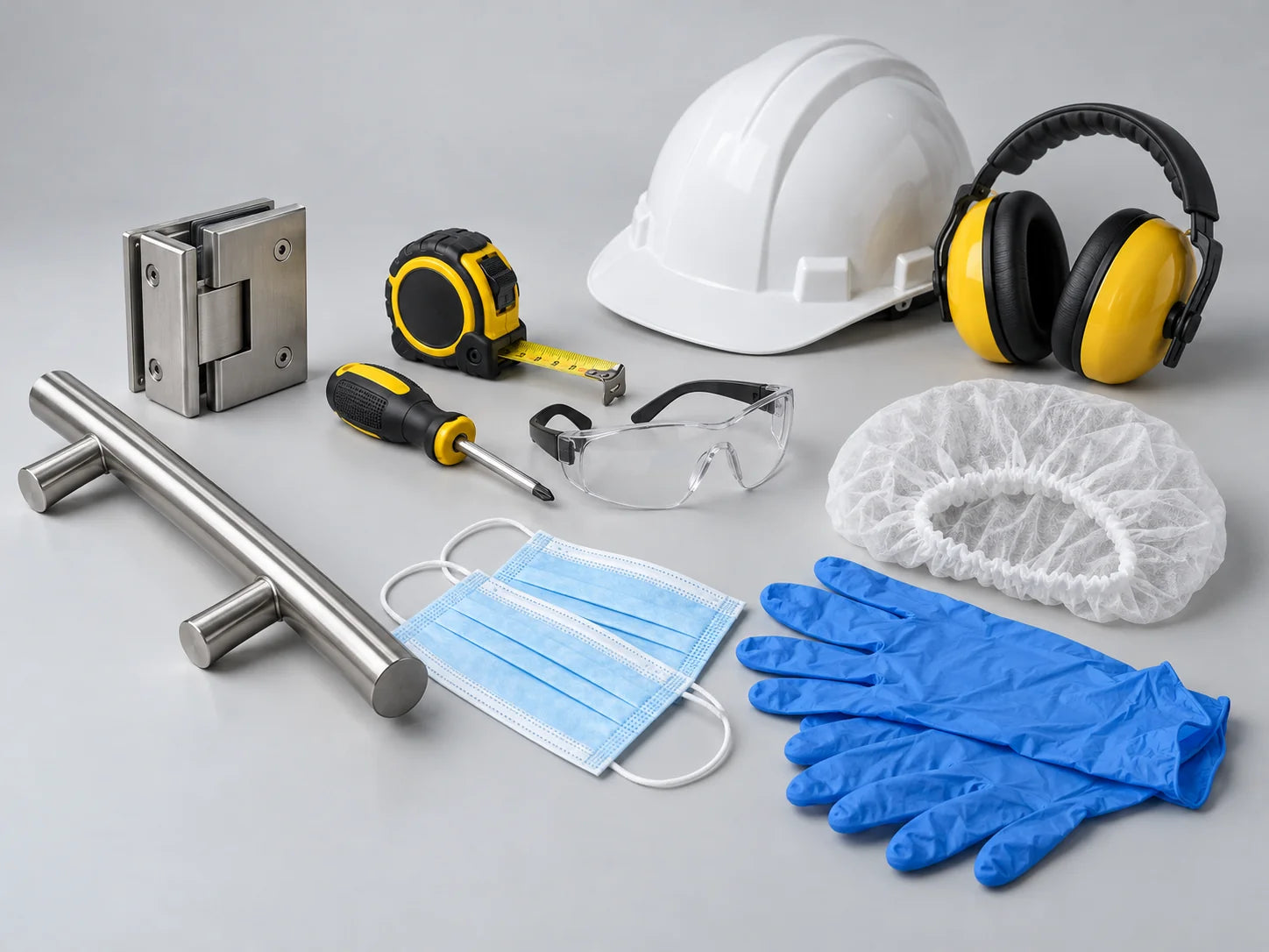 Architectural hardware and tools alongside nitrile gloves, hair net, disposable masks, hard hat, and hearing protection