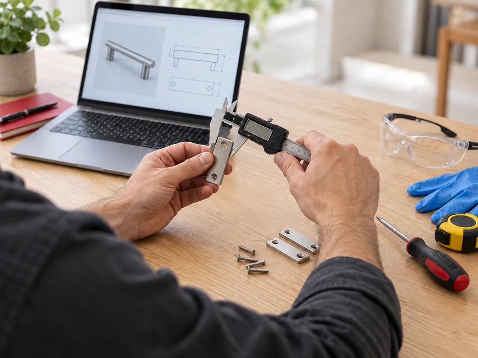 Person checking hardware dimensions at a project table with tools and safety supplies